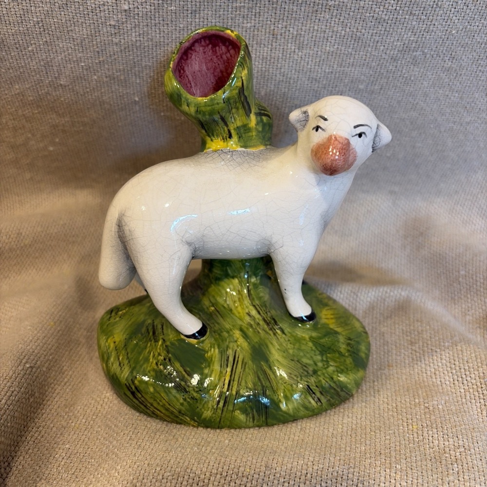 Gorgeous Kent English Staffordshire Mantle Sheep Ram Ewe Lamb Spill Vase 5.5"